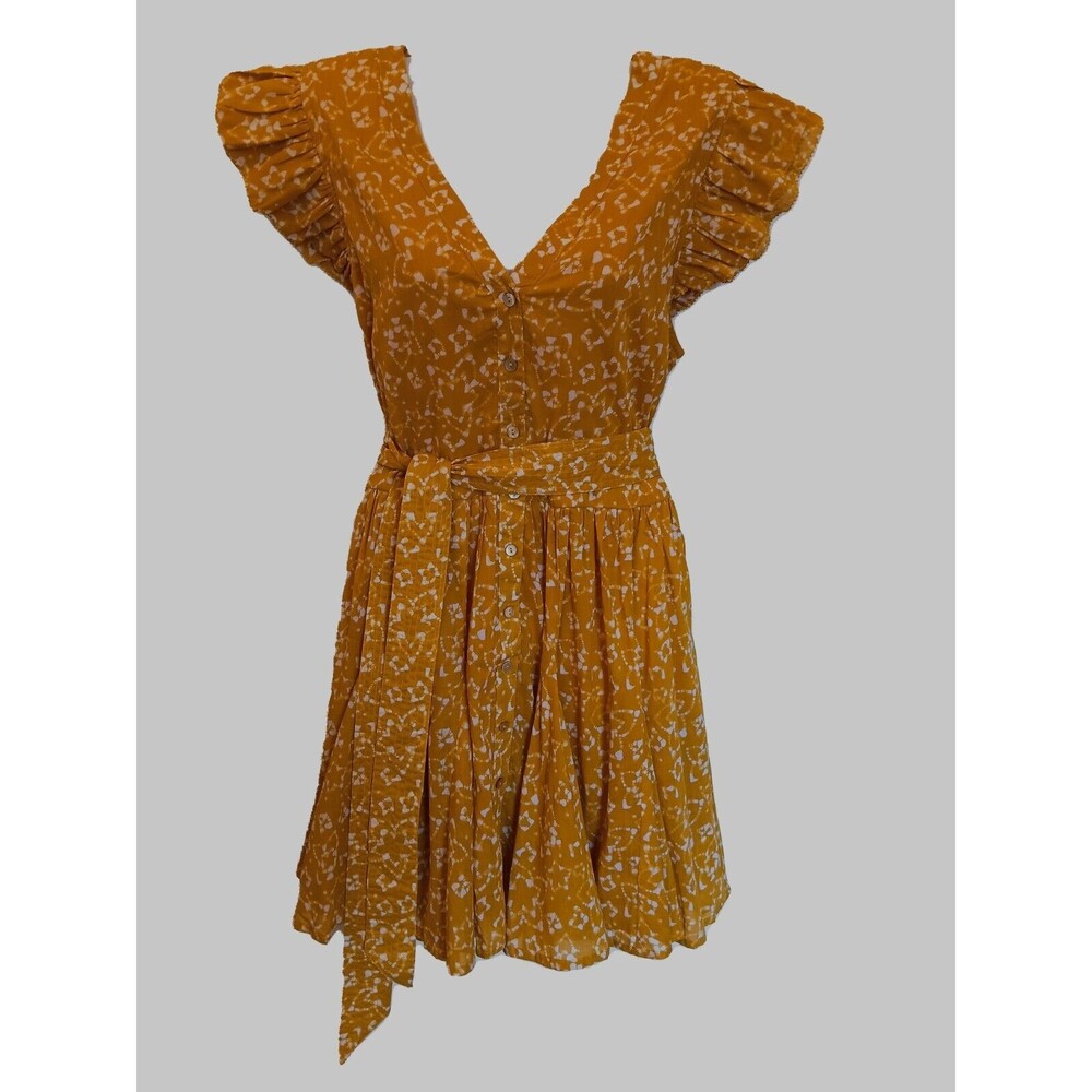 Cleobella Zia Cassia Yellow Organic Cotton Button Front Belted Mini Dress Sz, M